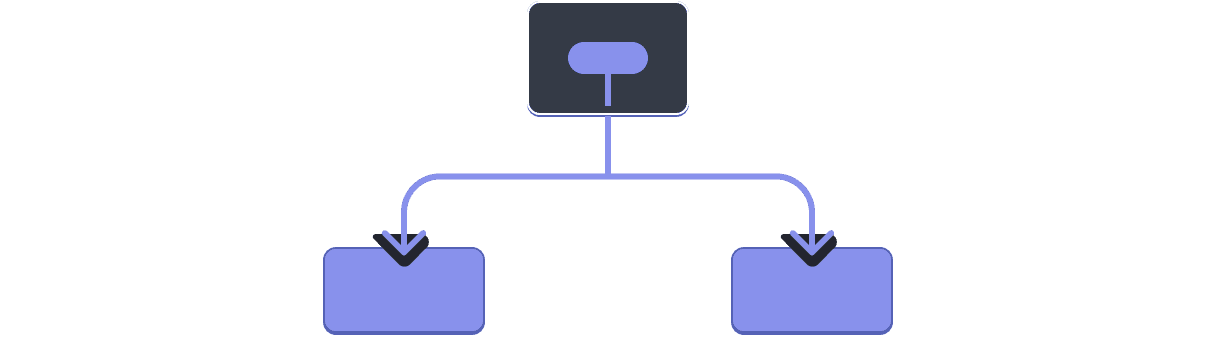 Un diagrama con un árbol de tres componentes. El padre contiene una burbuja que representa un valor resaltado en morado. El valor fluye hacia los dos hijos, ambos resaltados en morado.